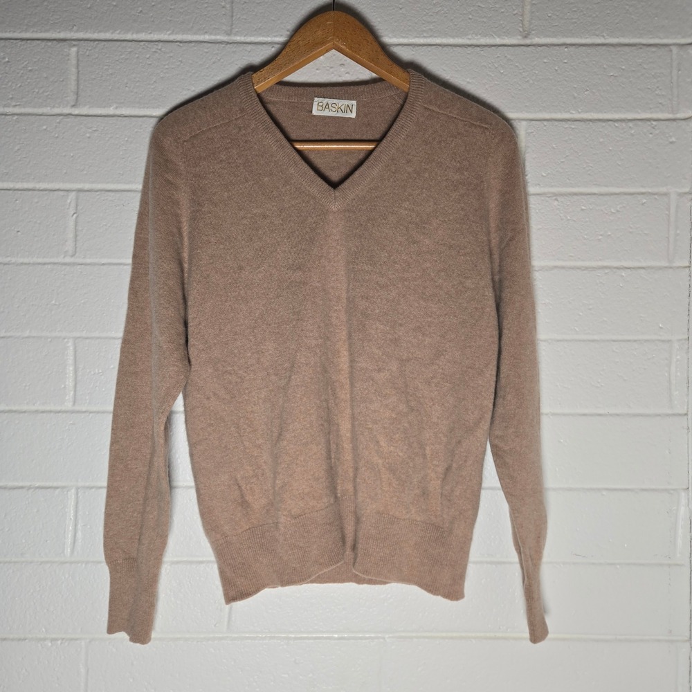 Vtg Baskin V-Neck Sweater Mens XL Tan Cashmere Wool Minimalist Preppy Academia